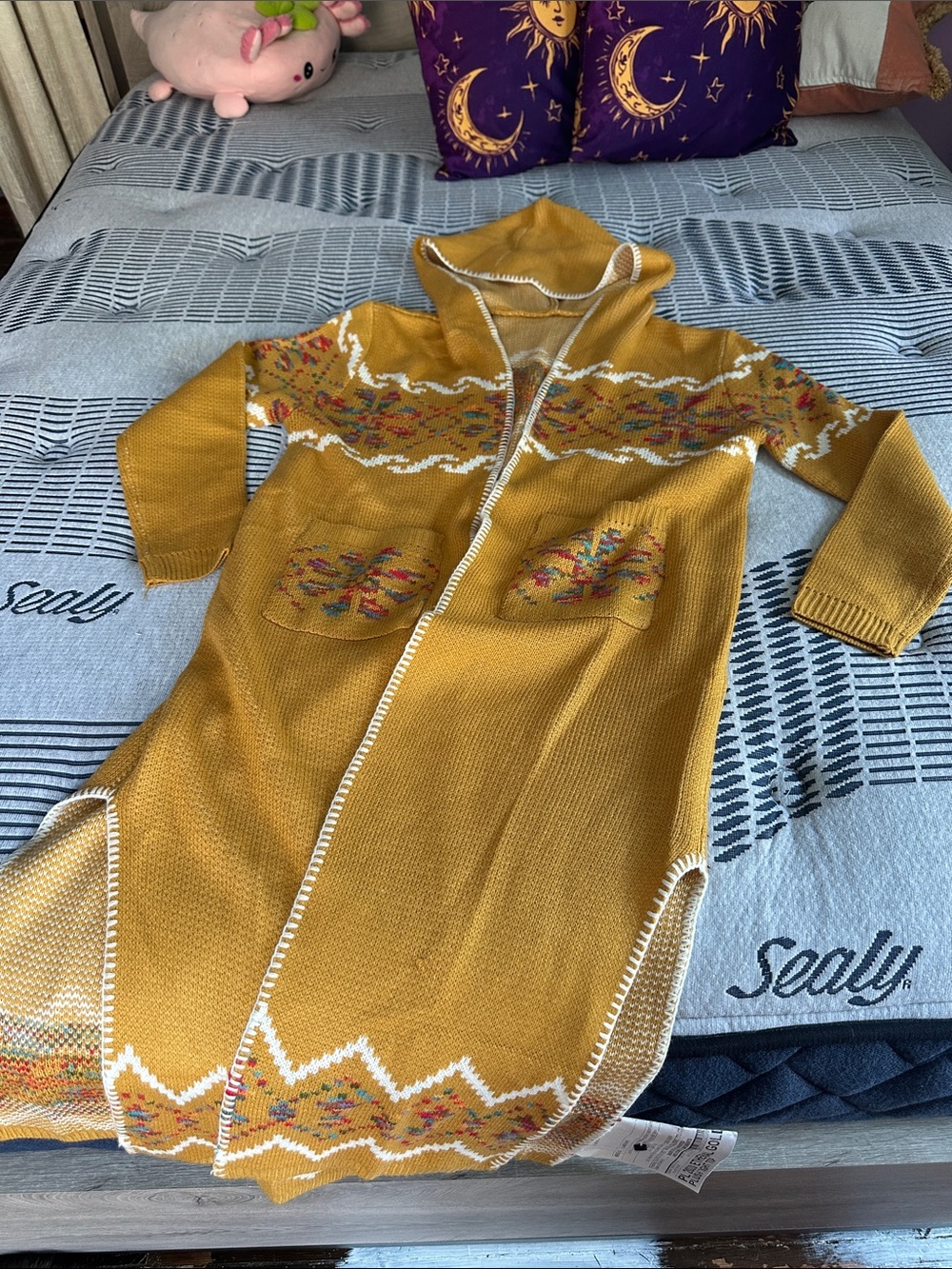 Mustard Hooded Long Knit Cardigan with Fair Isle Detail